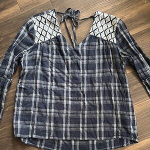 Navy Plaid Women's Top with Tie Back